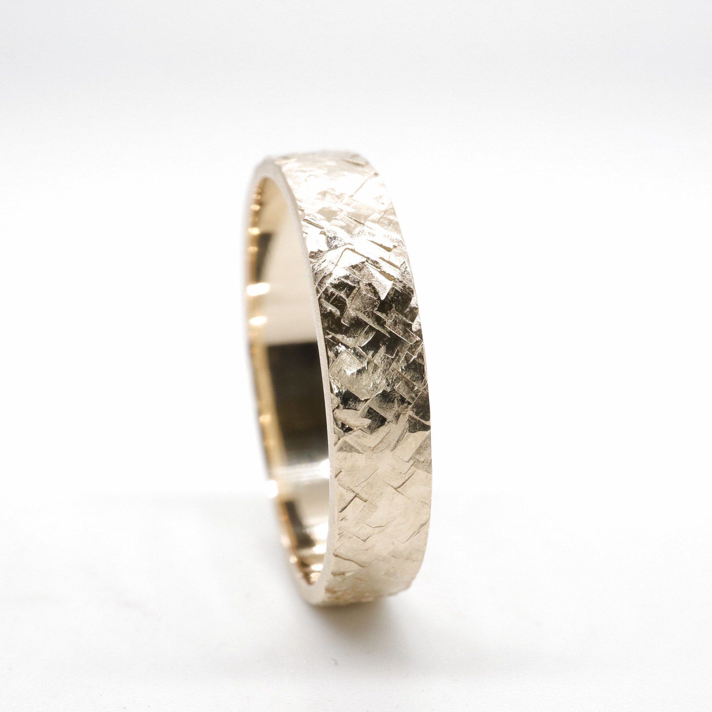 Broad Yellow gold wedding ring, Kendal flat rustic hammered design