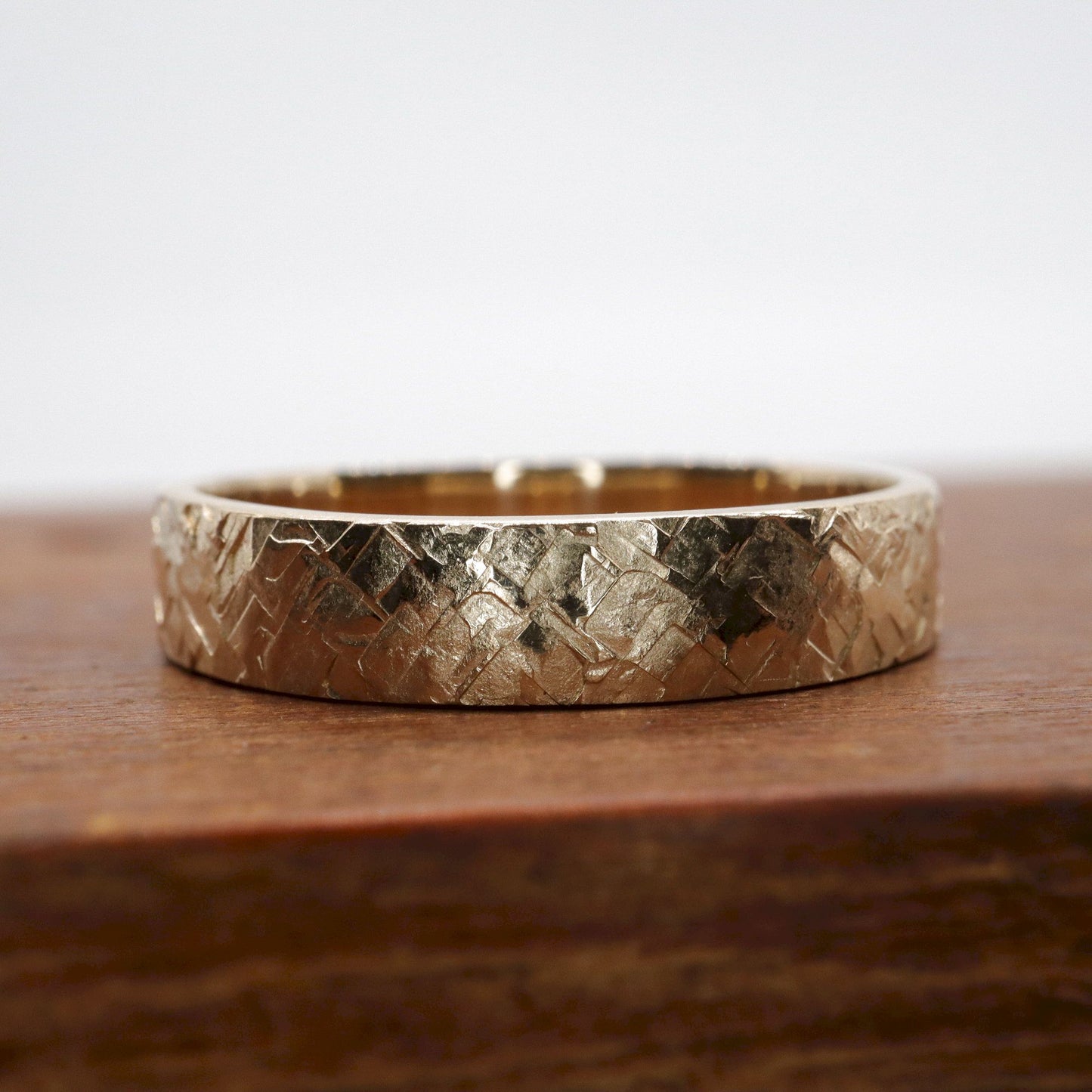 Broad Yellow gold wedding ring, Kendal flat rustic hammered design