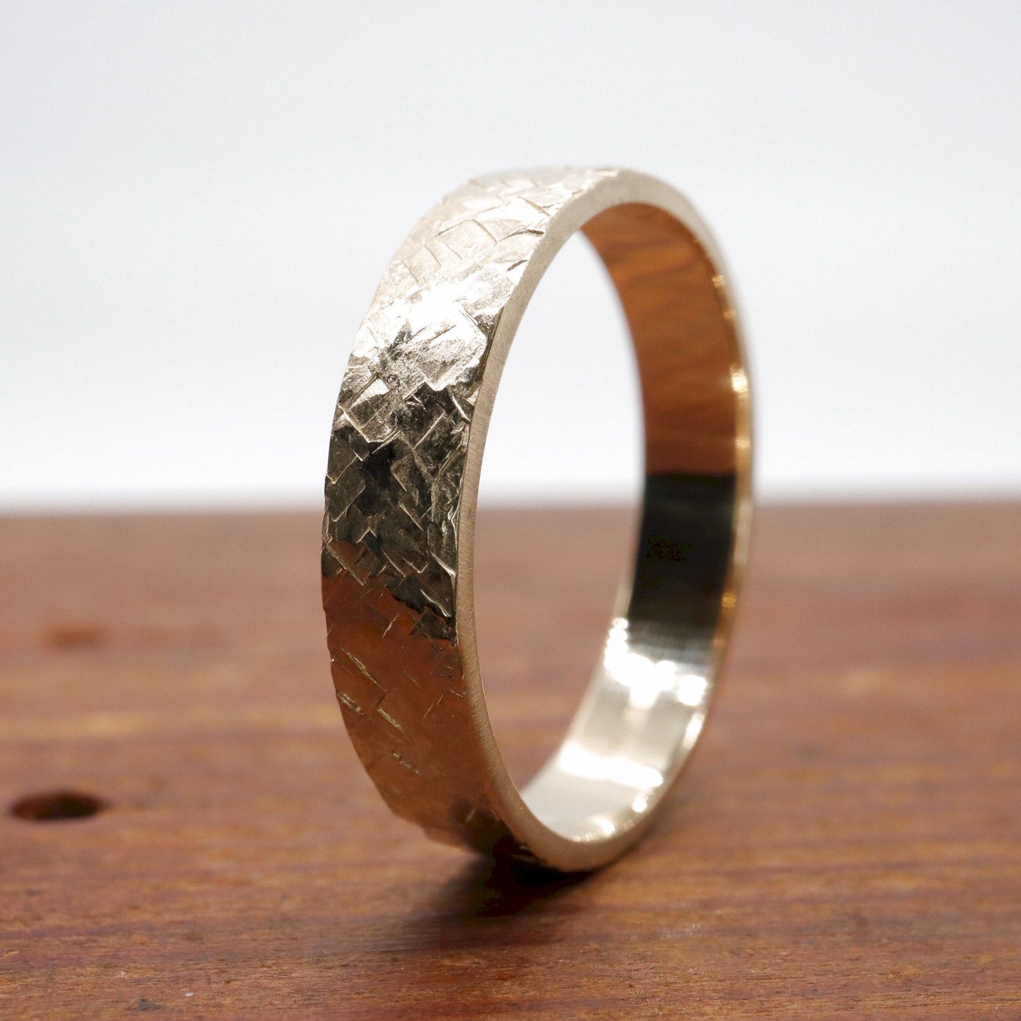 Broad Yellow gold wedding ring, Kendal flat rustic hammered design