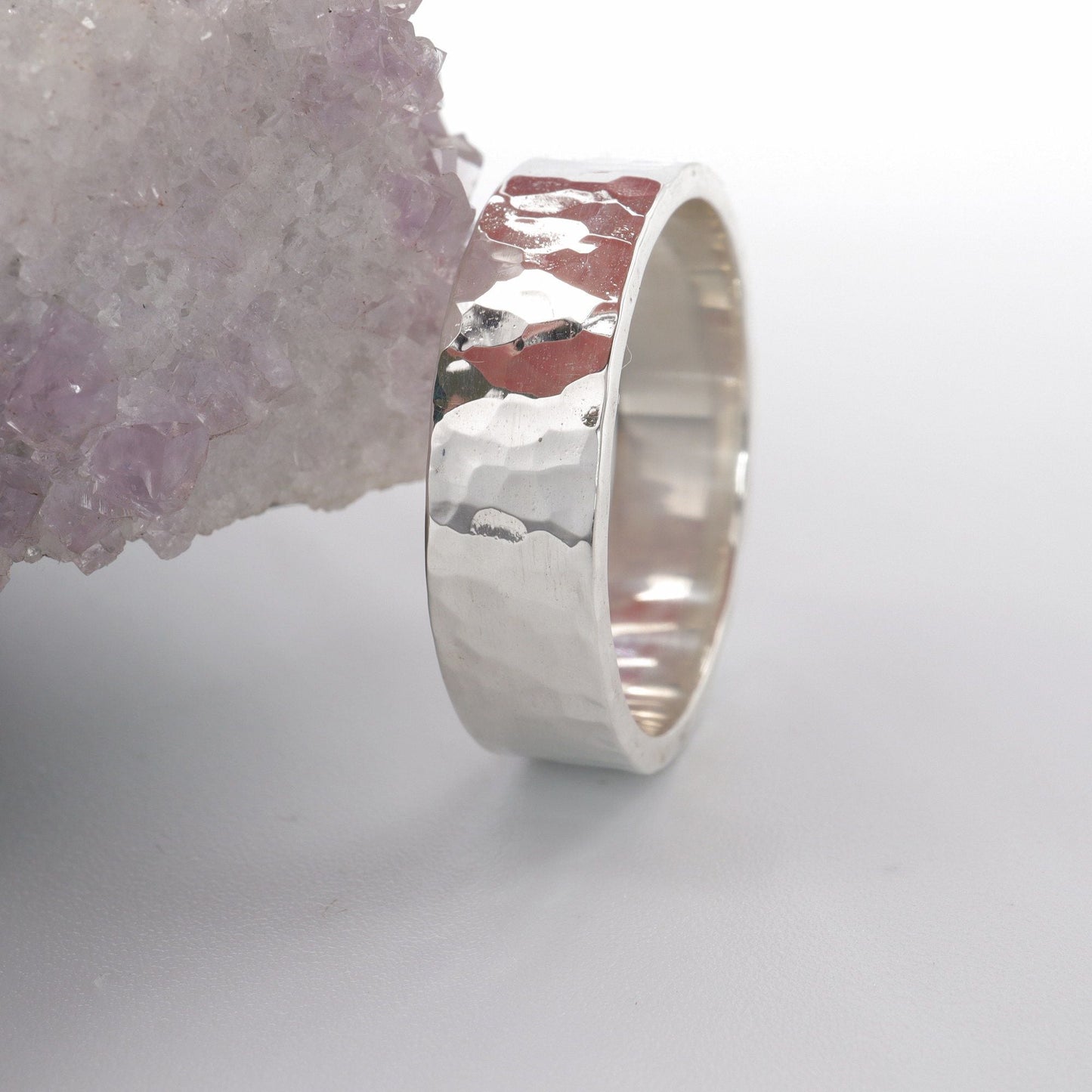 Silver hammered commitment, promise, engagement ring - flat textured wide band - Keswick design.