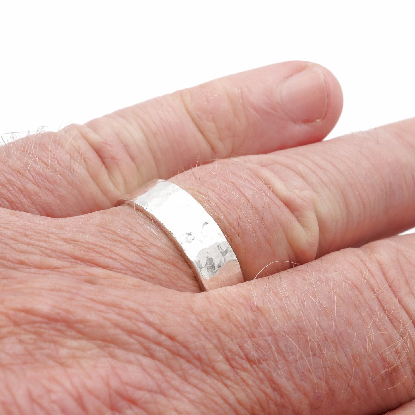 Silver hammered commitment, promise, engagement ring - flat textured wide band - Keswick design.