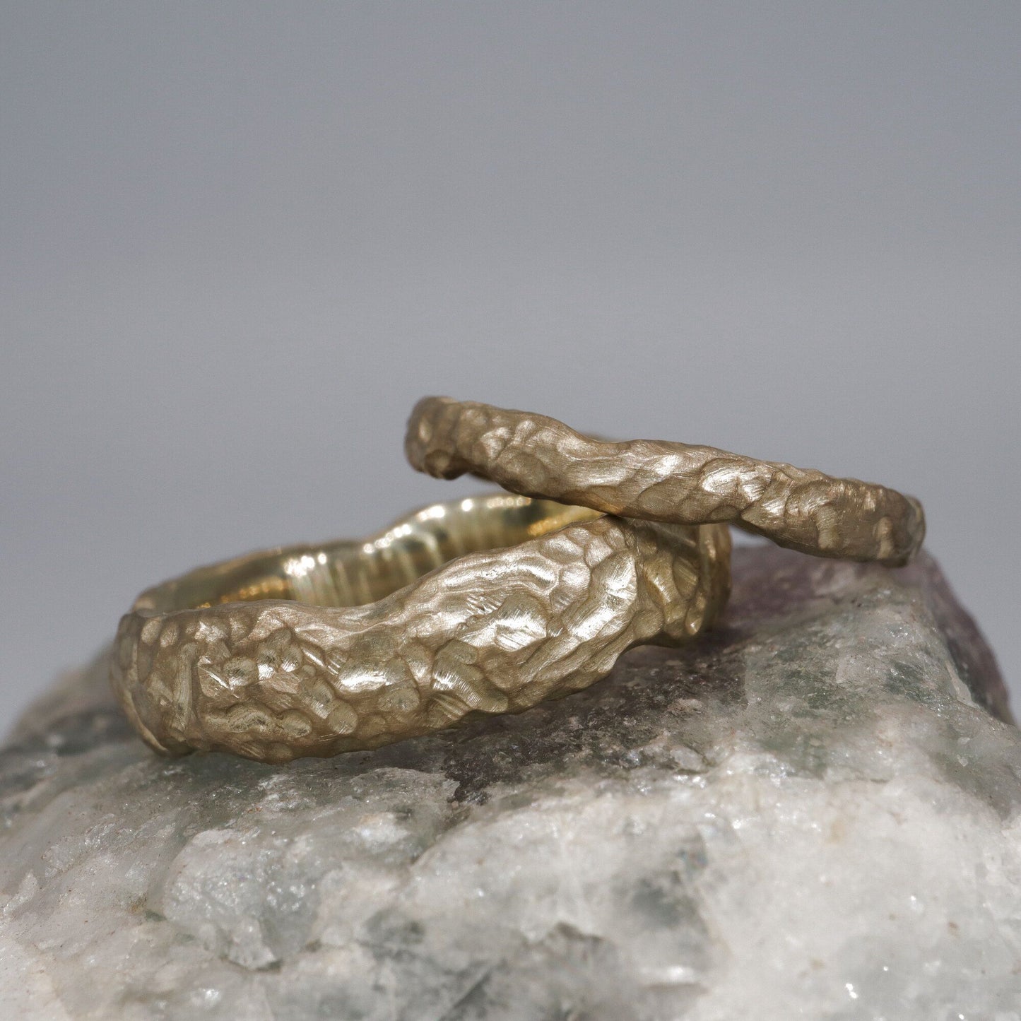 Lakeside yellow gold matching wedding ring set - original men`s and women`s design - 3mm and 6mm.