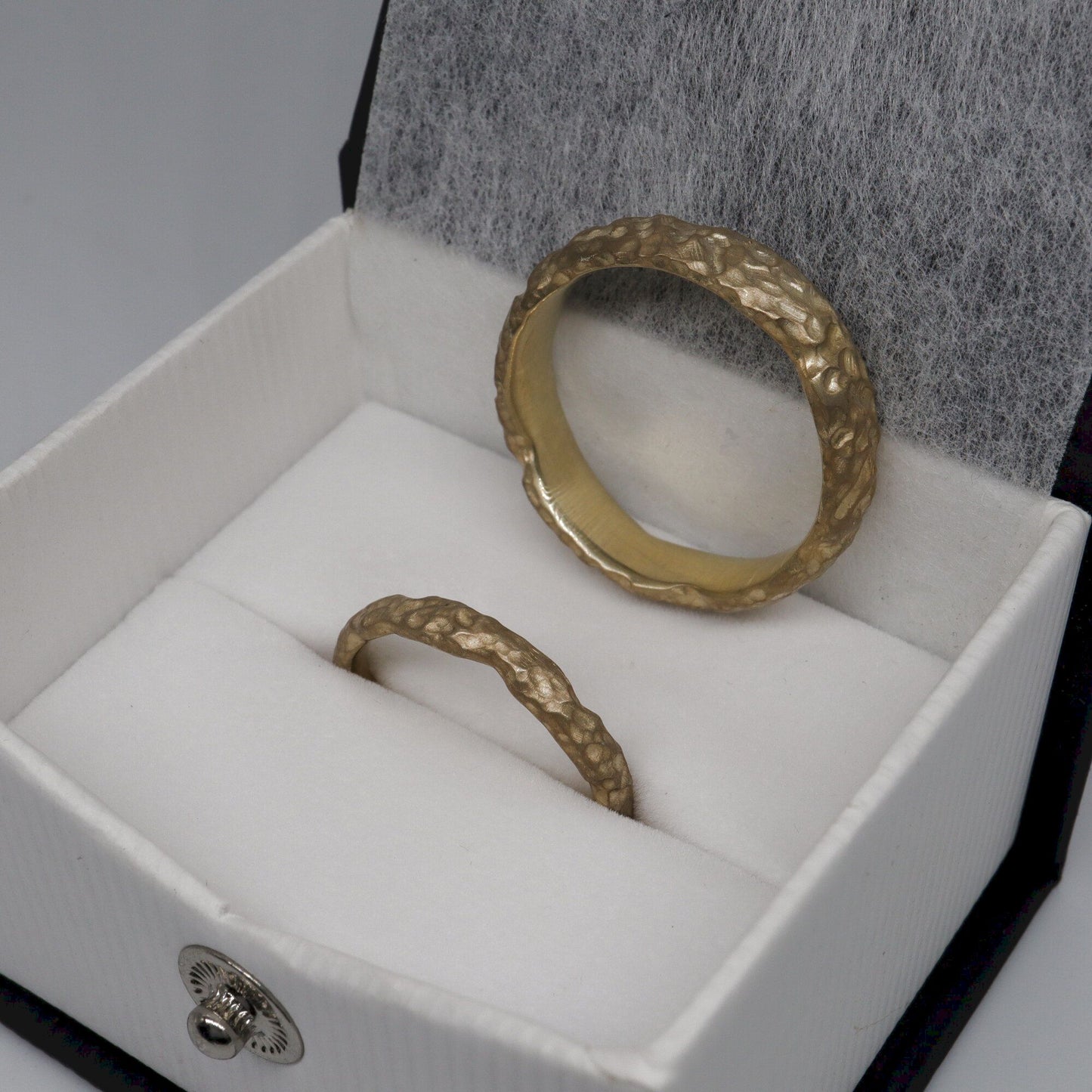 Lakeside yellow gold matching wedding ring set - original men`s and women`s design - 3mm and 6mm.