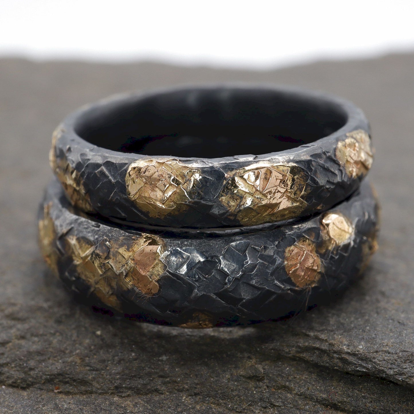 Black wedding ring sets, black silver and 22ct gold hammered Night Sky design