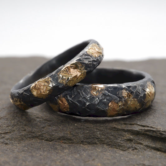 Black wedding ring set, black silver and gold hammered Night Sky design, 4mm and 6mm.