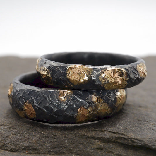 Black wedding ring sets, black silver and 22ct gold hammered Night Sky design