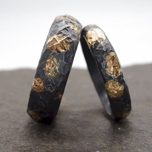 Black wedding ring sets, black silver and 22ct gold hammered Night Sky design