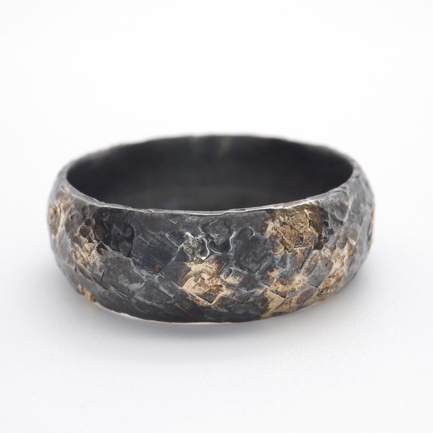 Black silver and gold Mens engagement hammered ring, Night Sky design.