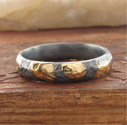Black silver and gold hammered Night Sky design 4mm ring size J