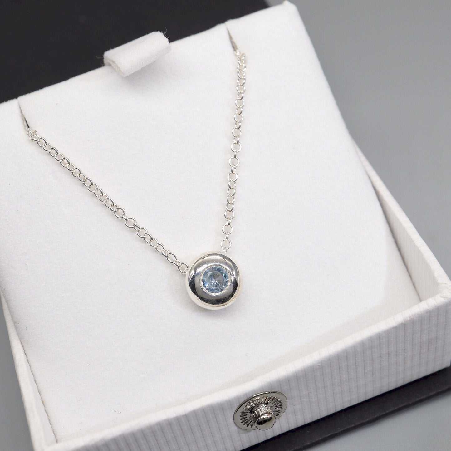 Aquamarine runner pendant, silver slider button design, March Birthstone