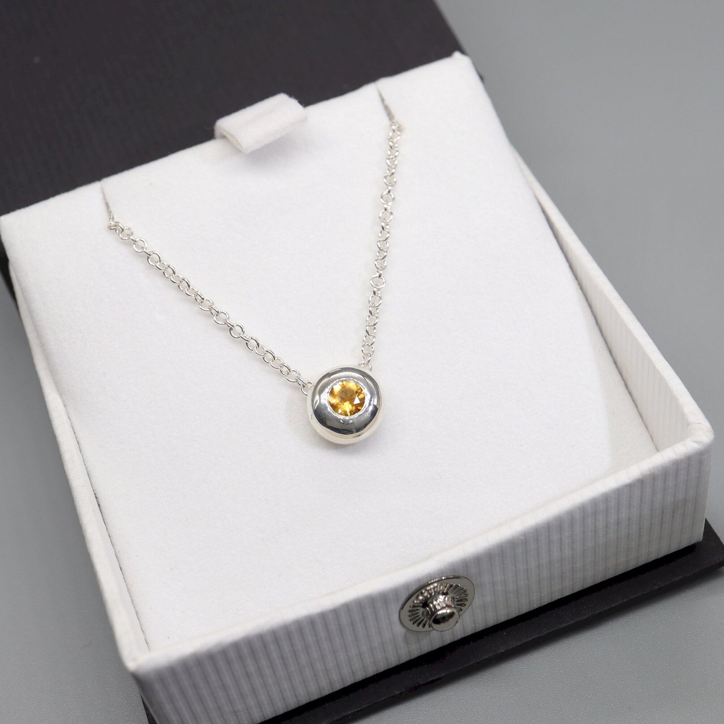 Citrine runner pendant, silver slider button design, November Birthstone