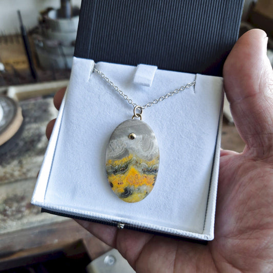Bumblebee Jasper oval drop gold and silver pendant