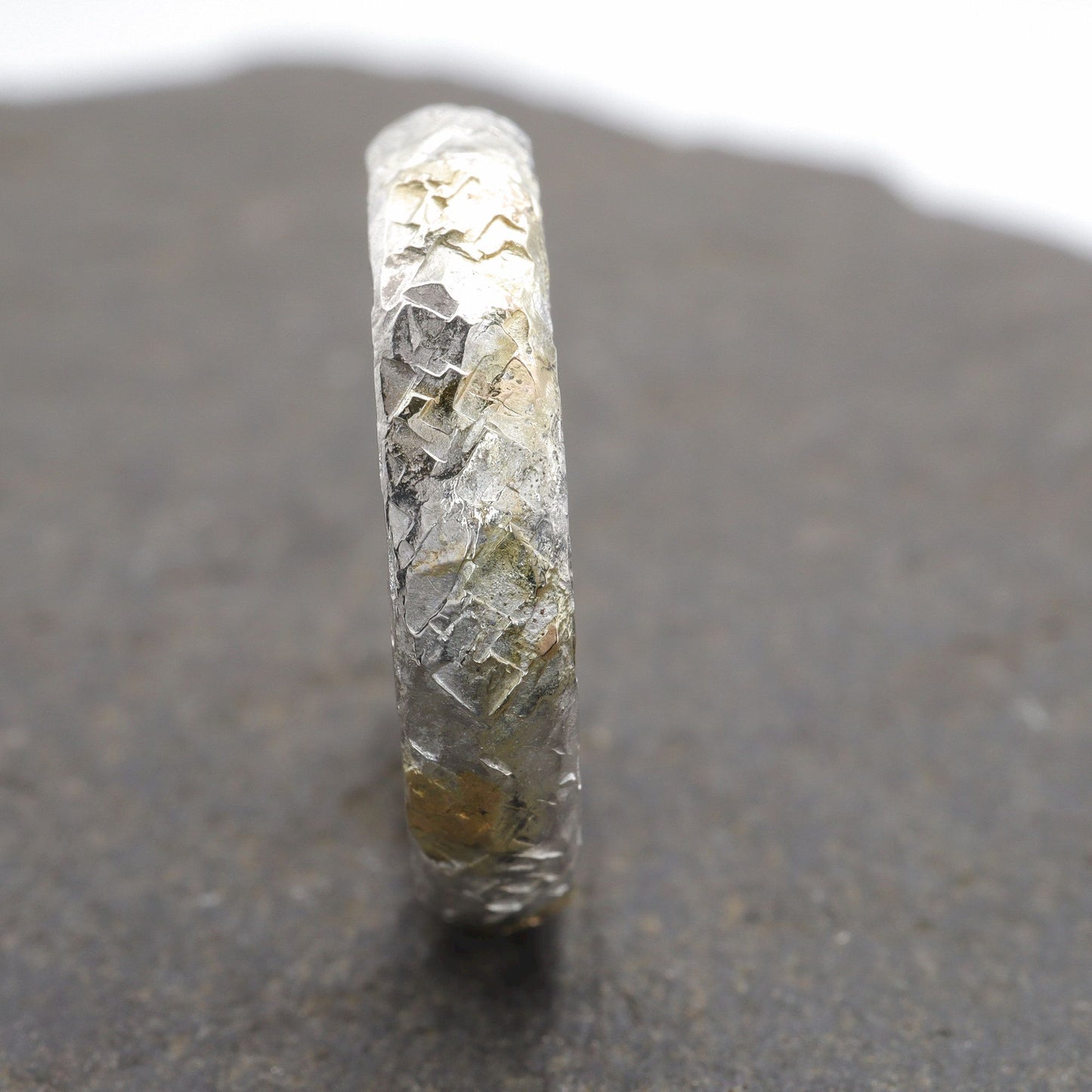 Silver and gold hammered 4mm wedding ring, Sunrise design.