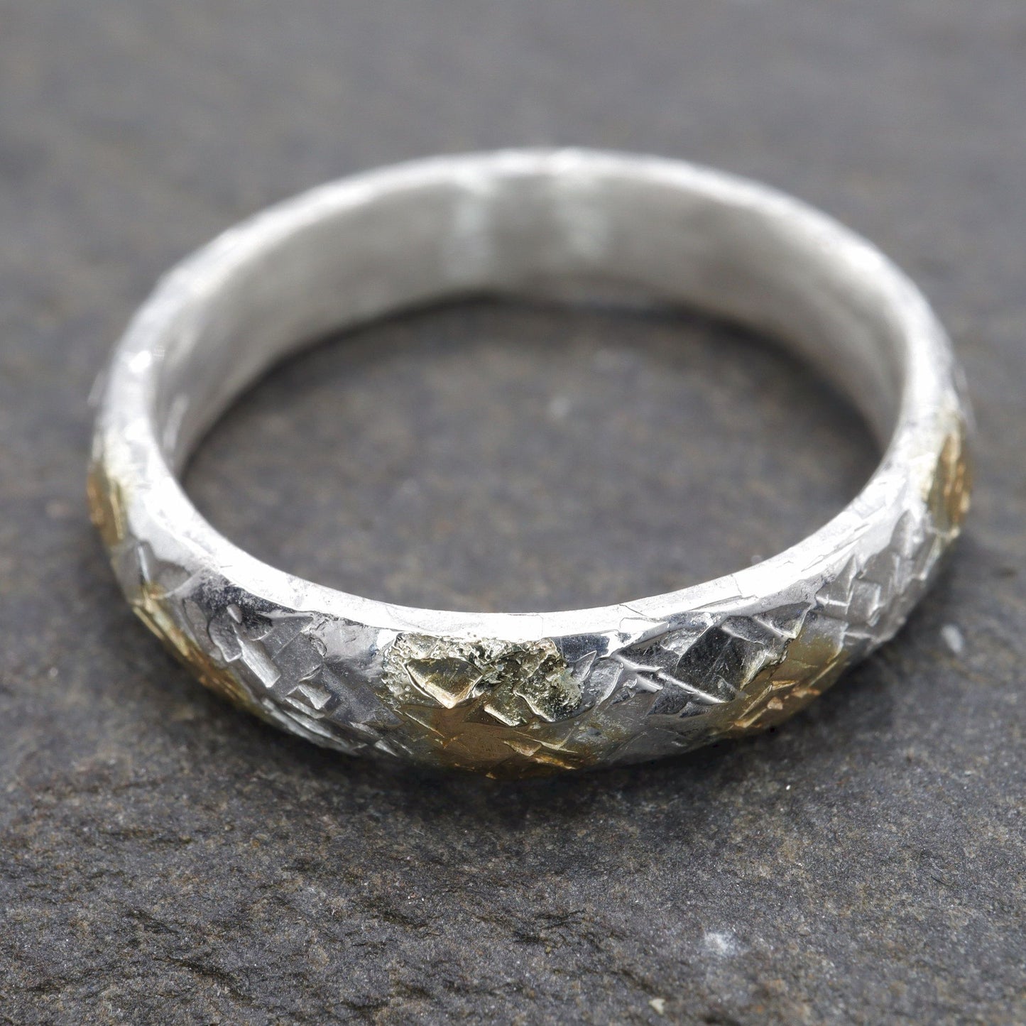 Silver and gold hammered 4mm wedding ring, Sunrise design.