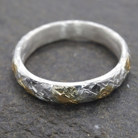 Silver and gold hammered 4mm wedding ring, Sunrise design.