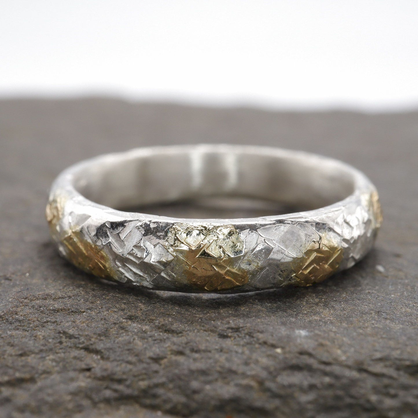 Silver and gold hammered 4mm wedding ring, Sunrise design.