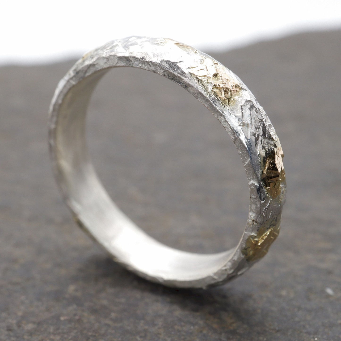 Silver and gold hammered 4mm wedding ring, Sunrise design.