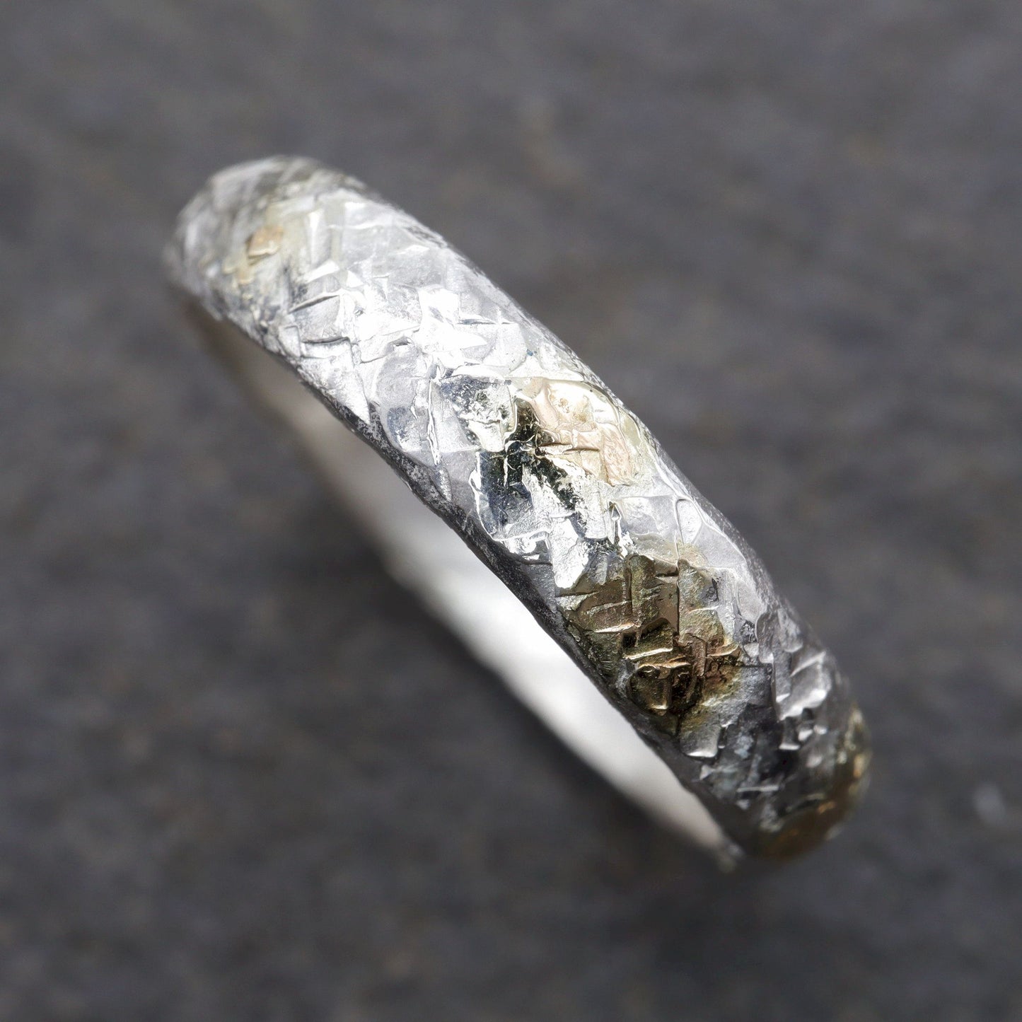 Silver and gold hammered 4mm wedding ring, Sunrise design.