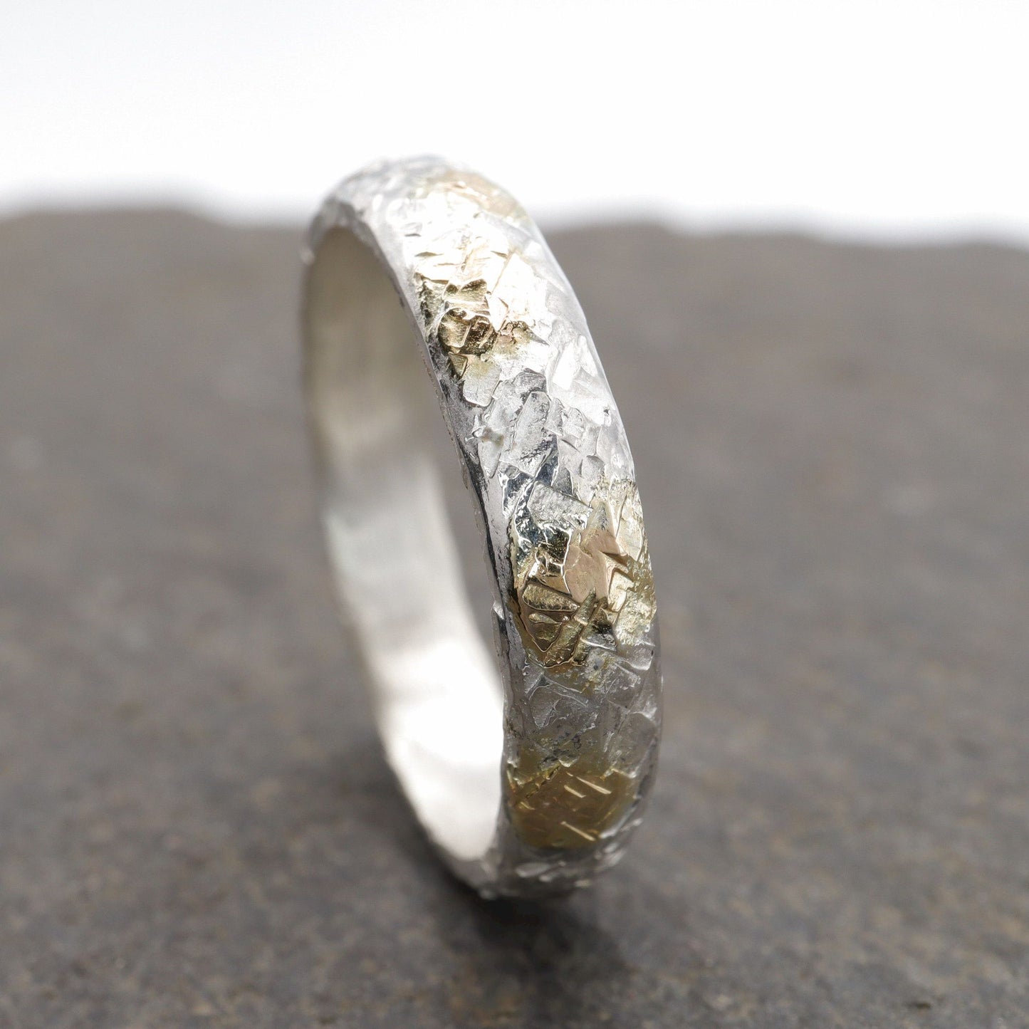 Silver and gold hammered 4mm wedding ring, Sunrise design.
