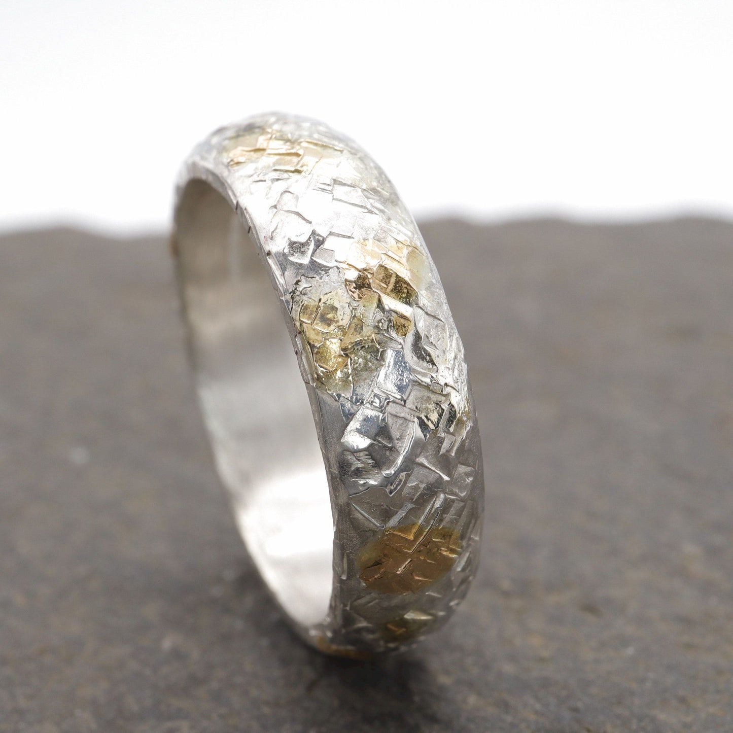 Silver Sunrise 6mm wedding ring with rustic hammered surface. Original design handmade band