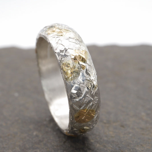 Silver Sunrise 6mm wedding ring with rustic hammered surface. Original design handmade band