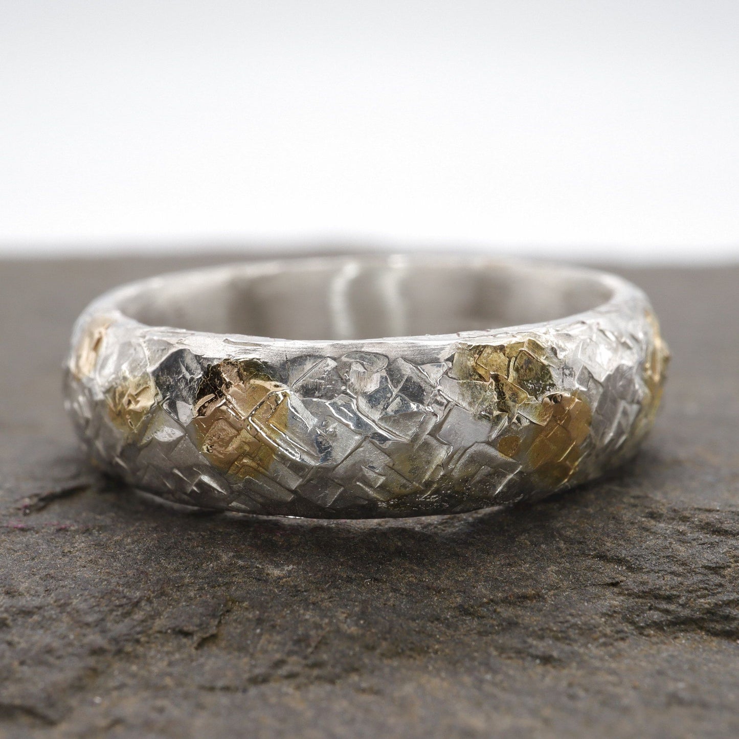 Silver Sunrise 6mm wedding ring with rustic hammered surface. Original design handmade band