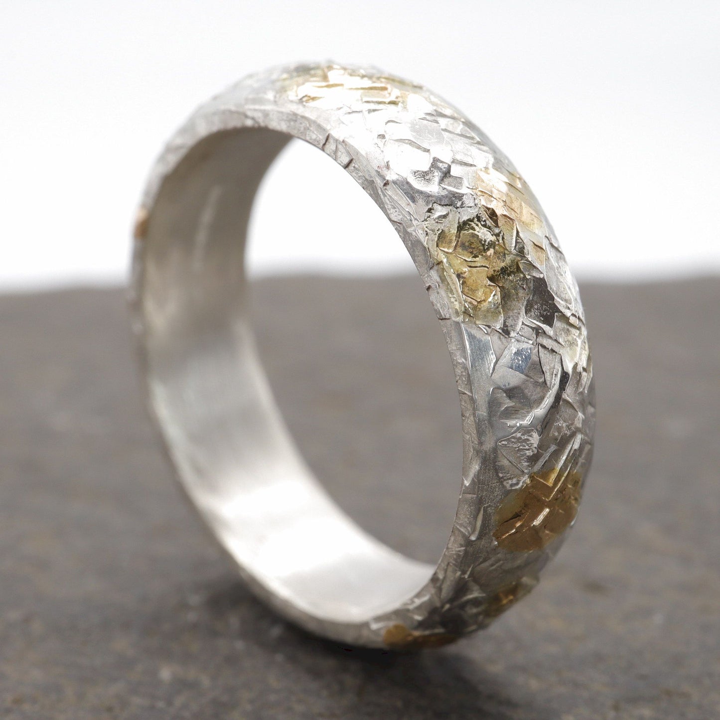 Silver Sunrise 6mm wedding ring with rustic hammered surface. Original design handmade band