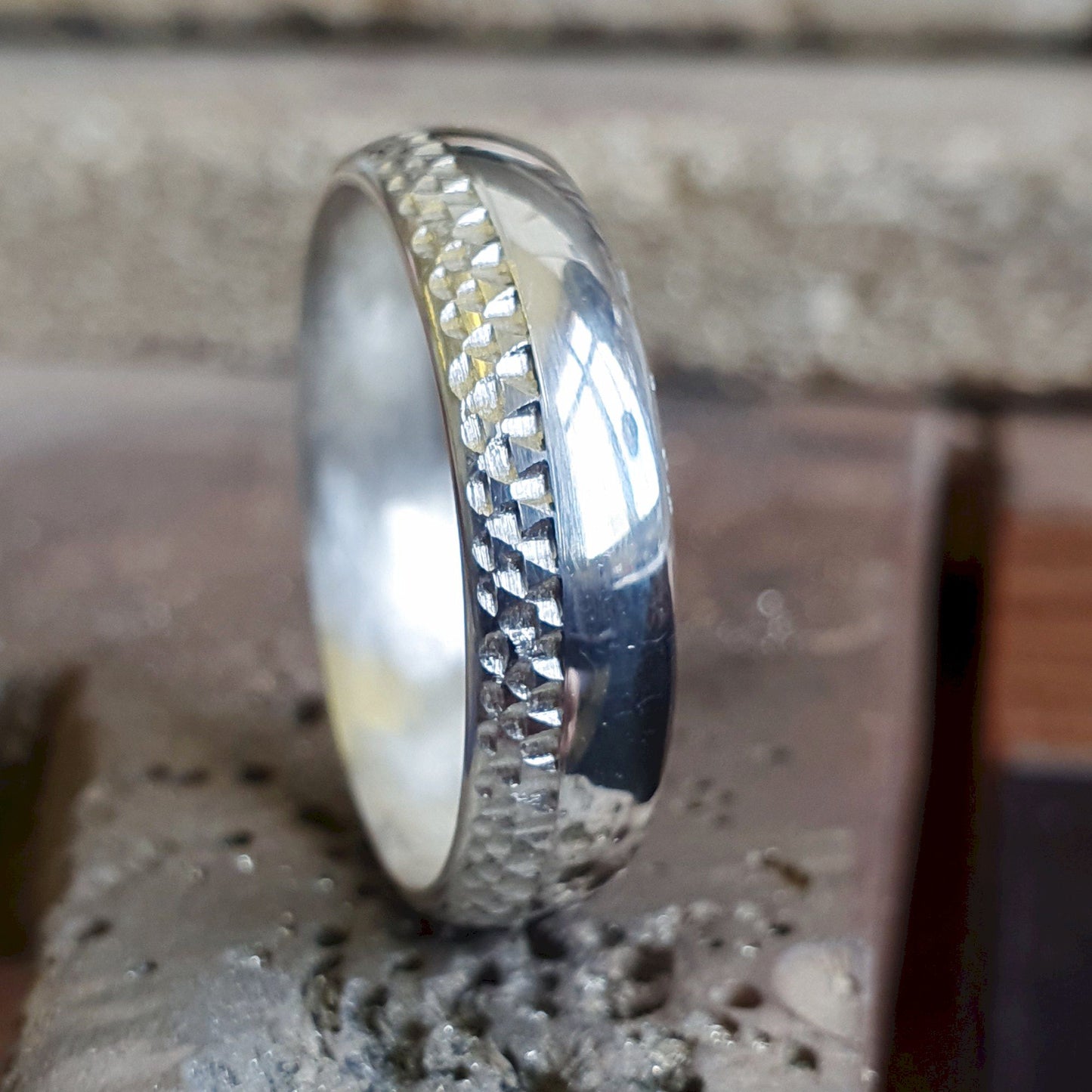 White gold broad wedding ring, Ullswater designer band.