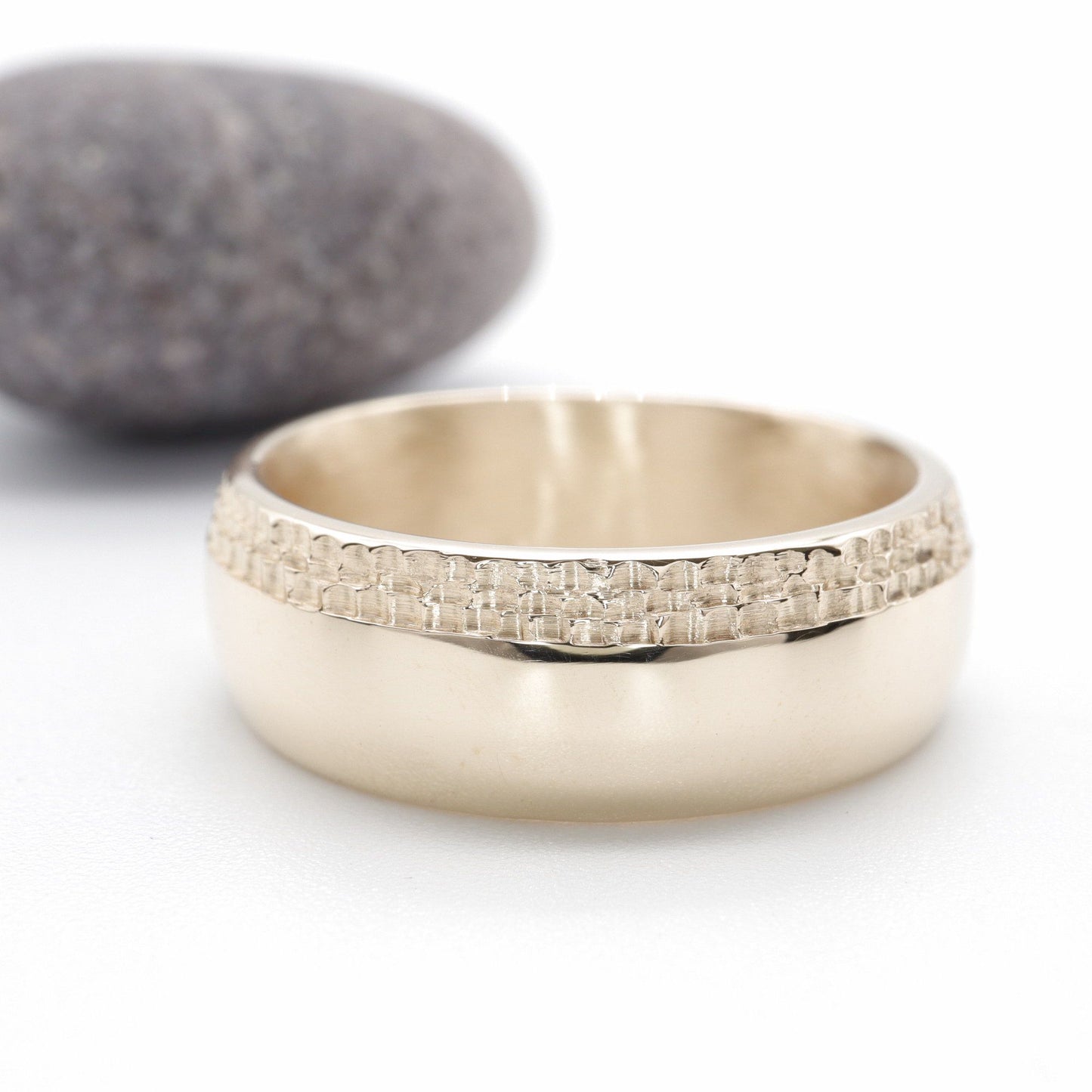 Yellow gold broad wedding ring, Ullswater designer band.