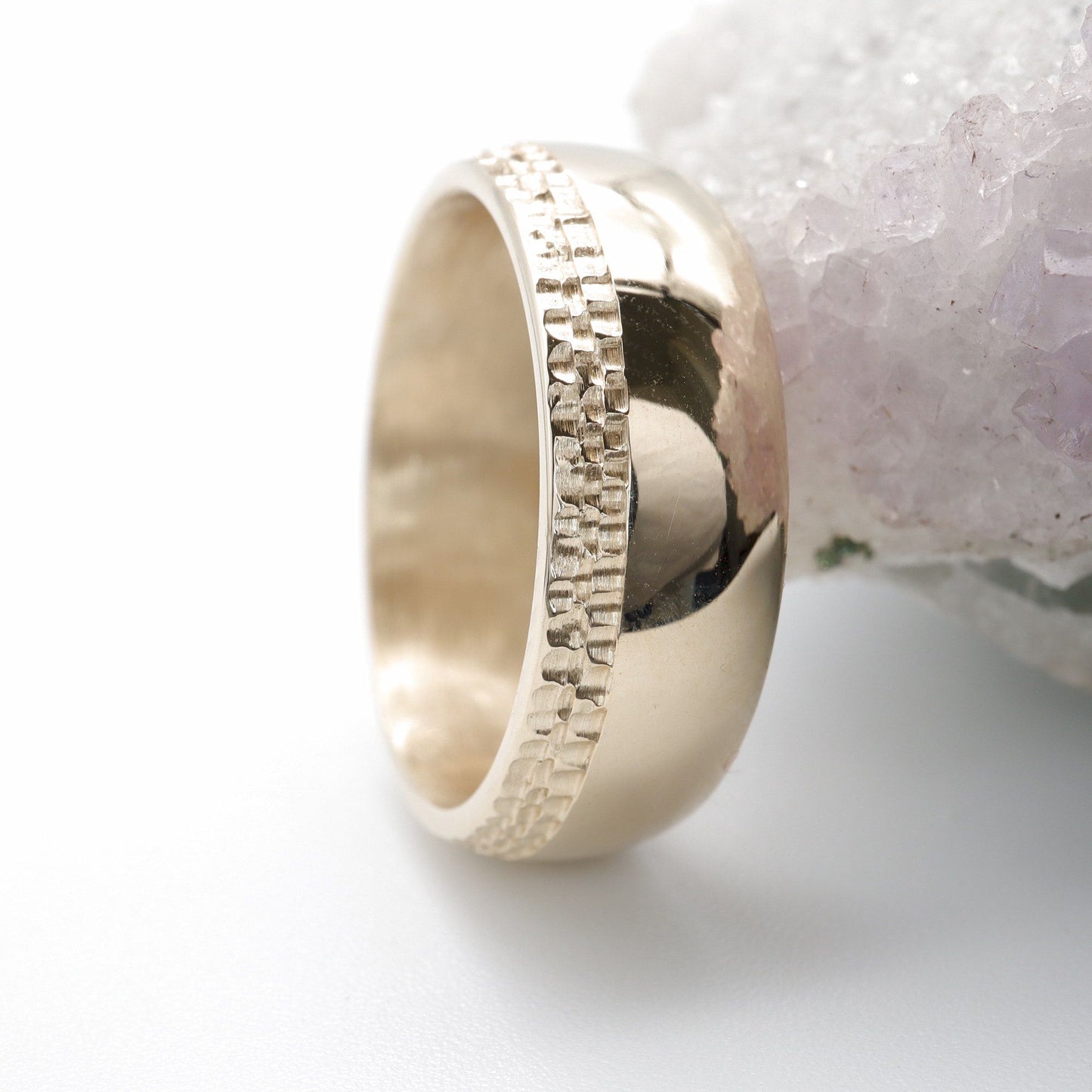 Yellow gold broad wedding ring, Ullswater designer band.