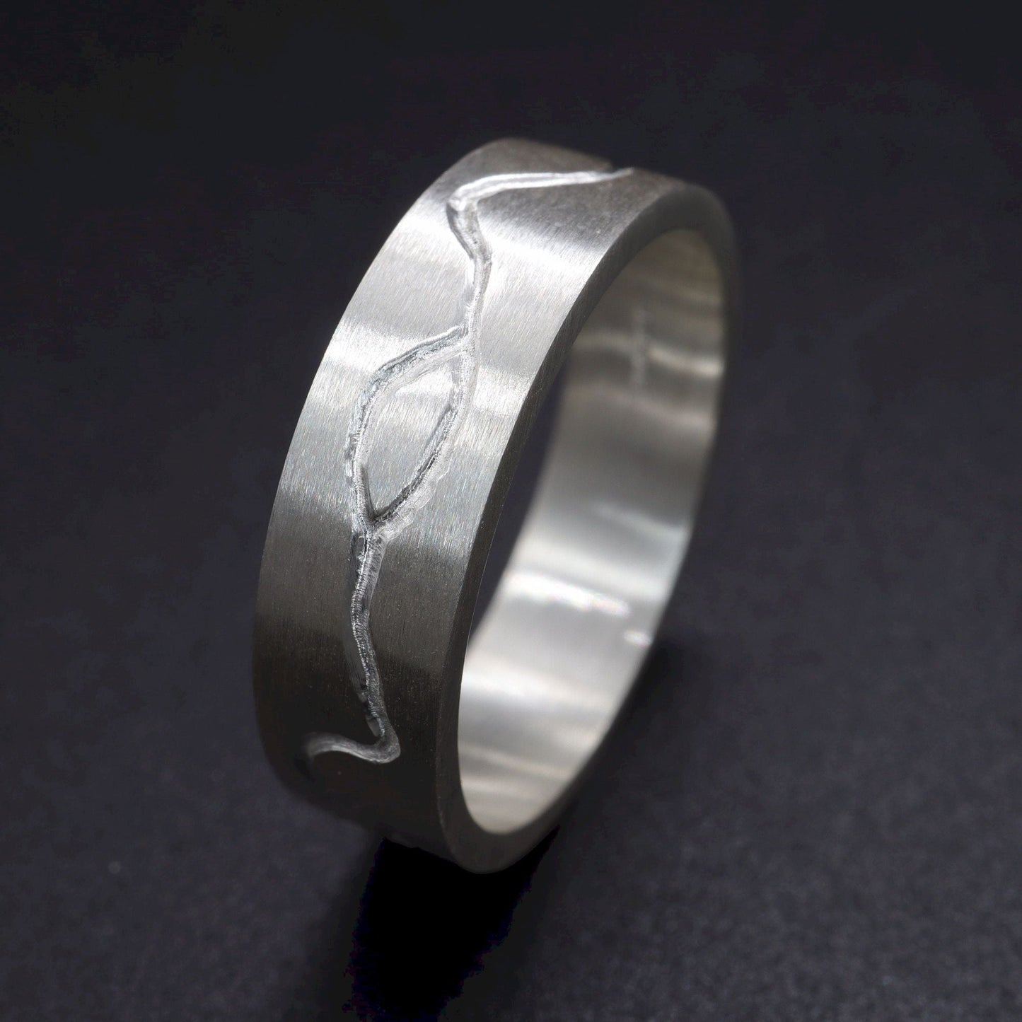 Commitment, Promise, Engagement mens ring - flat carved textured band - Water Beck design.