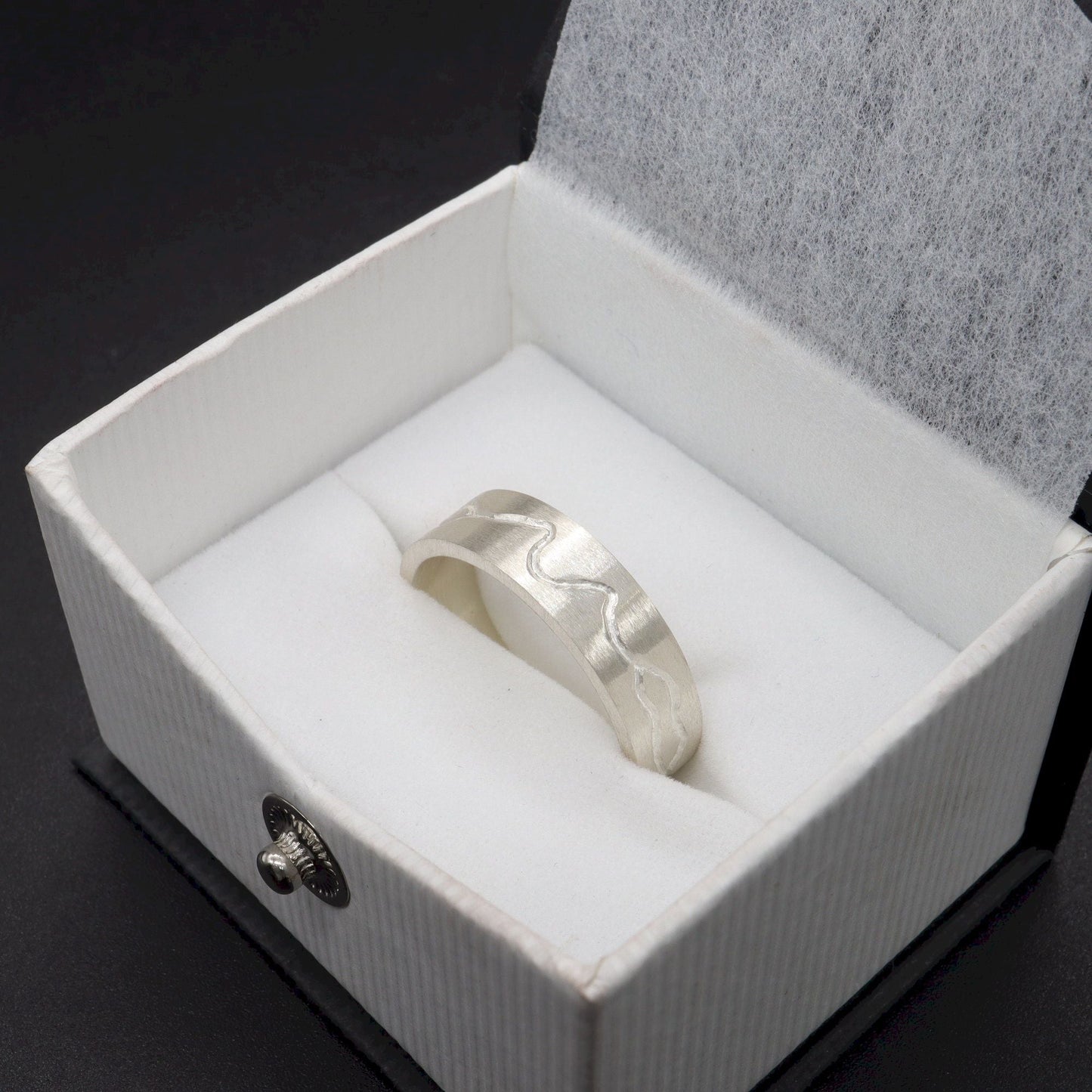 Commitment, Promise, Engagement mens ring - flat carved textured band - Water Beck design.