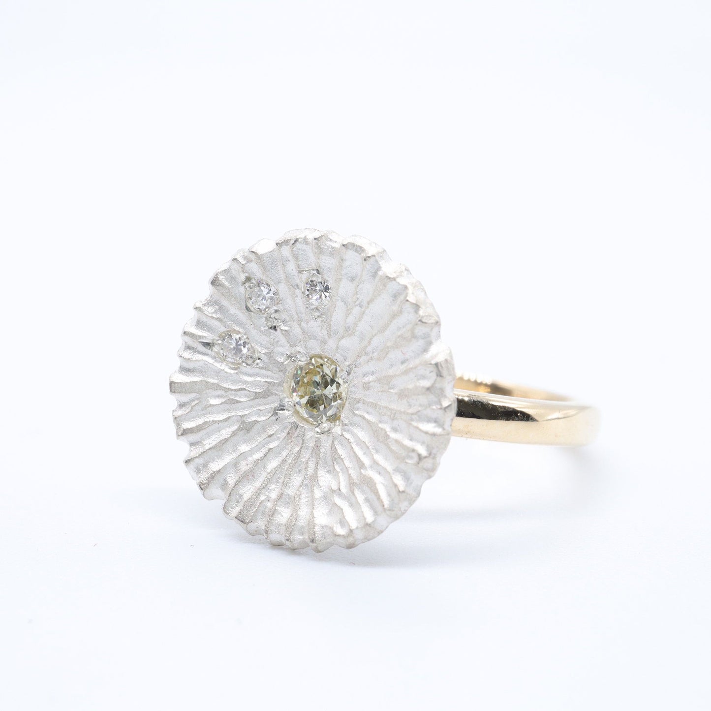 Yellow diamond gold cluster ring, Water Lilies design.