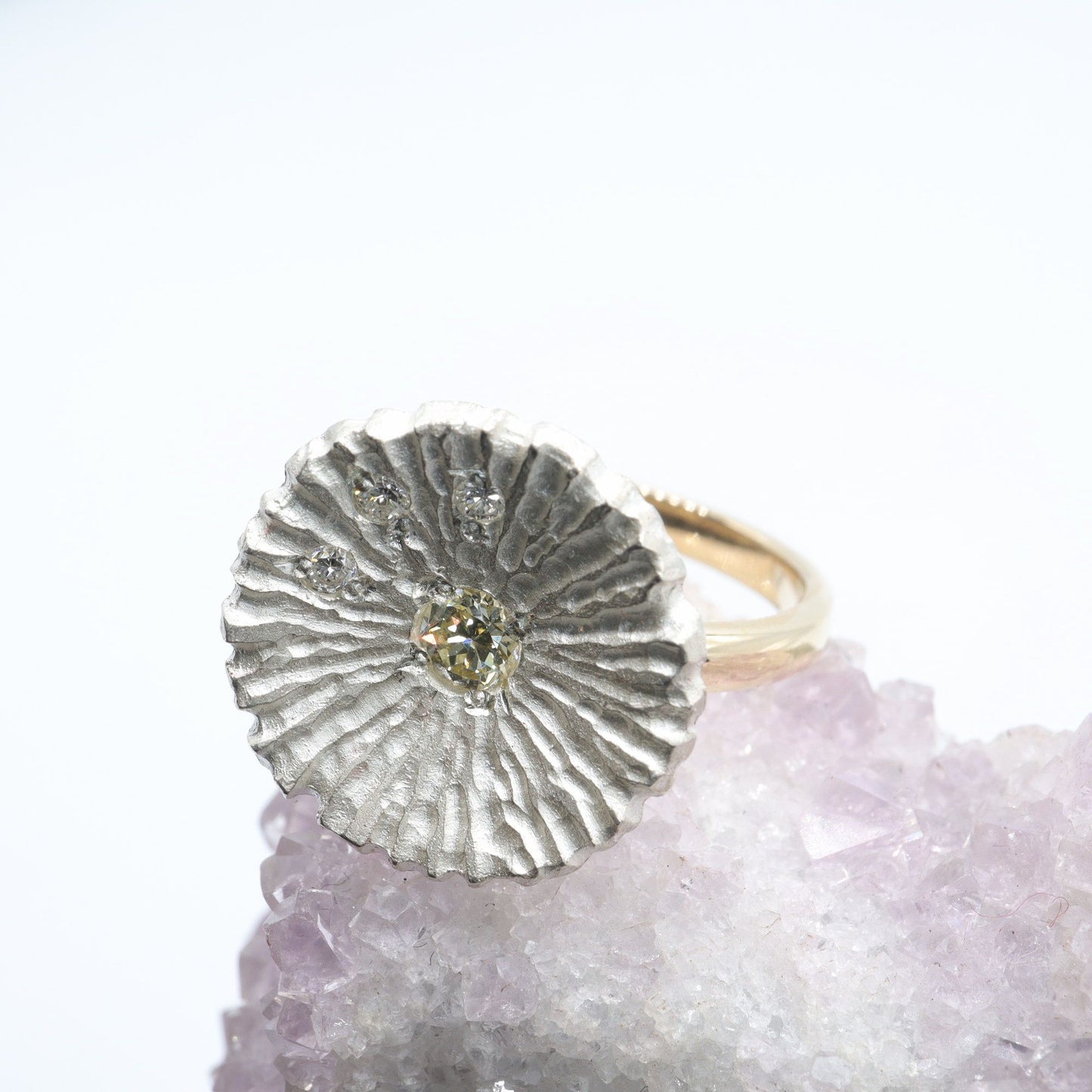 Yellow diamond gold cluster ring, Water Lilies design.