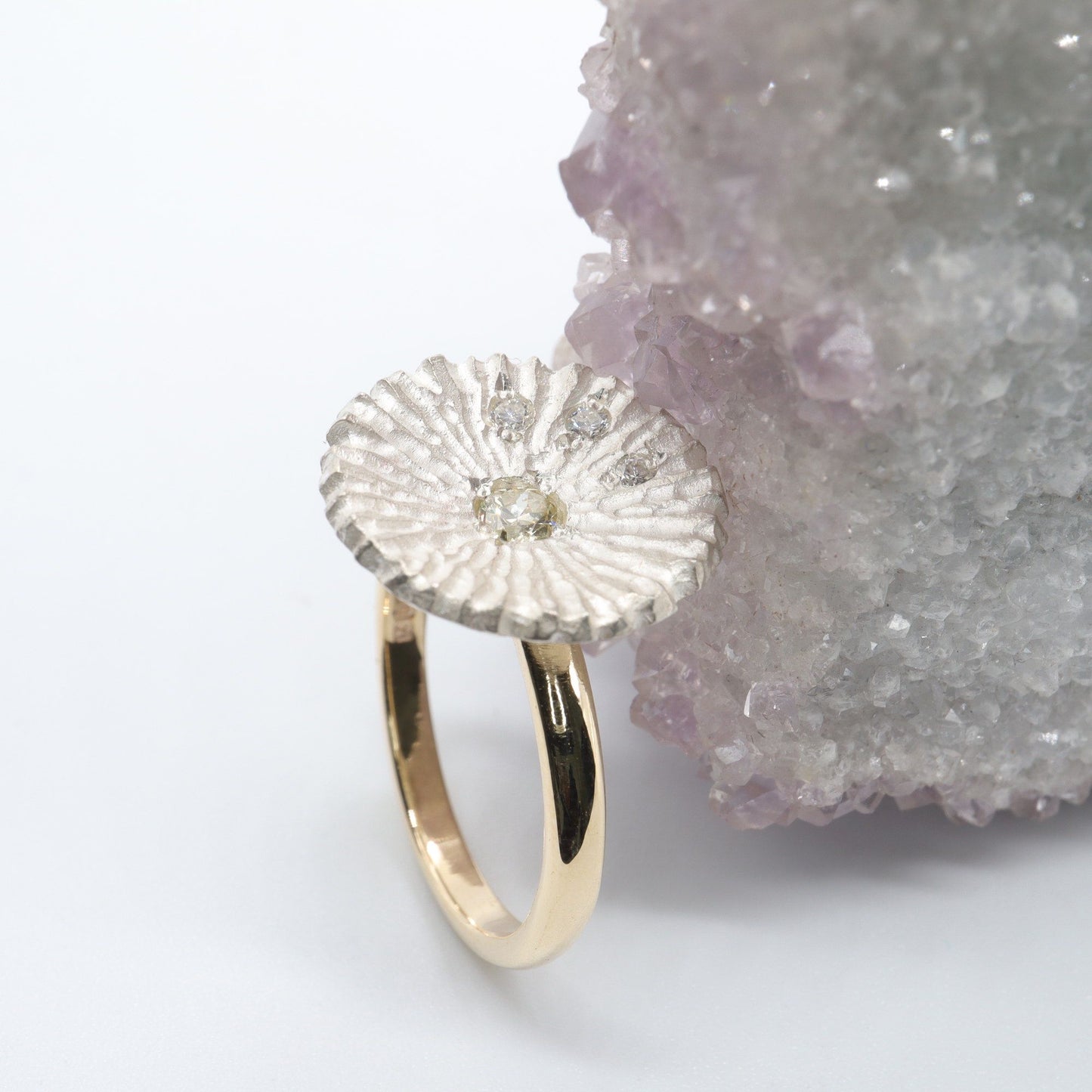 Yellow diamond gold cluster ring, Water Lilies design.