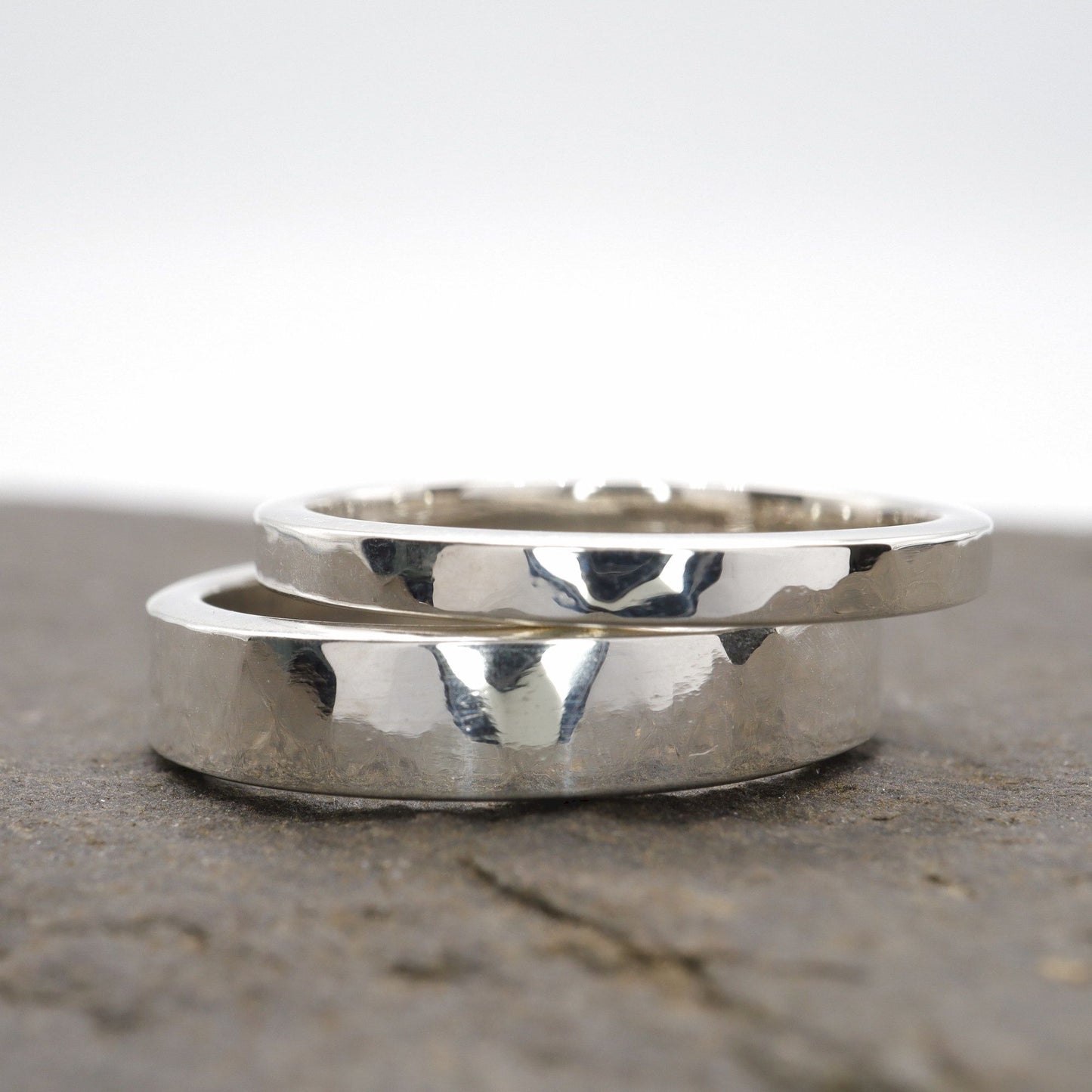 Matching Water Ripples silver hammered wedding ring set