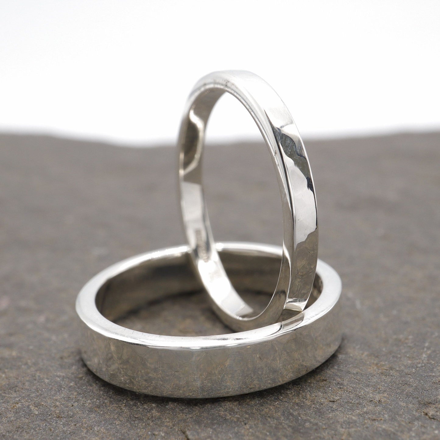 Matching Water Ripples silver hammered wedding ring set