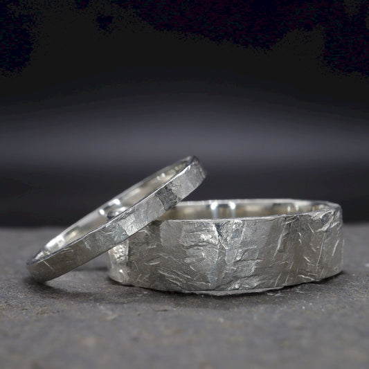 Matching wedding ring set - Windermere gold design, rustic flat hammered textured band - for men and women