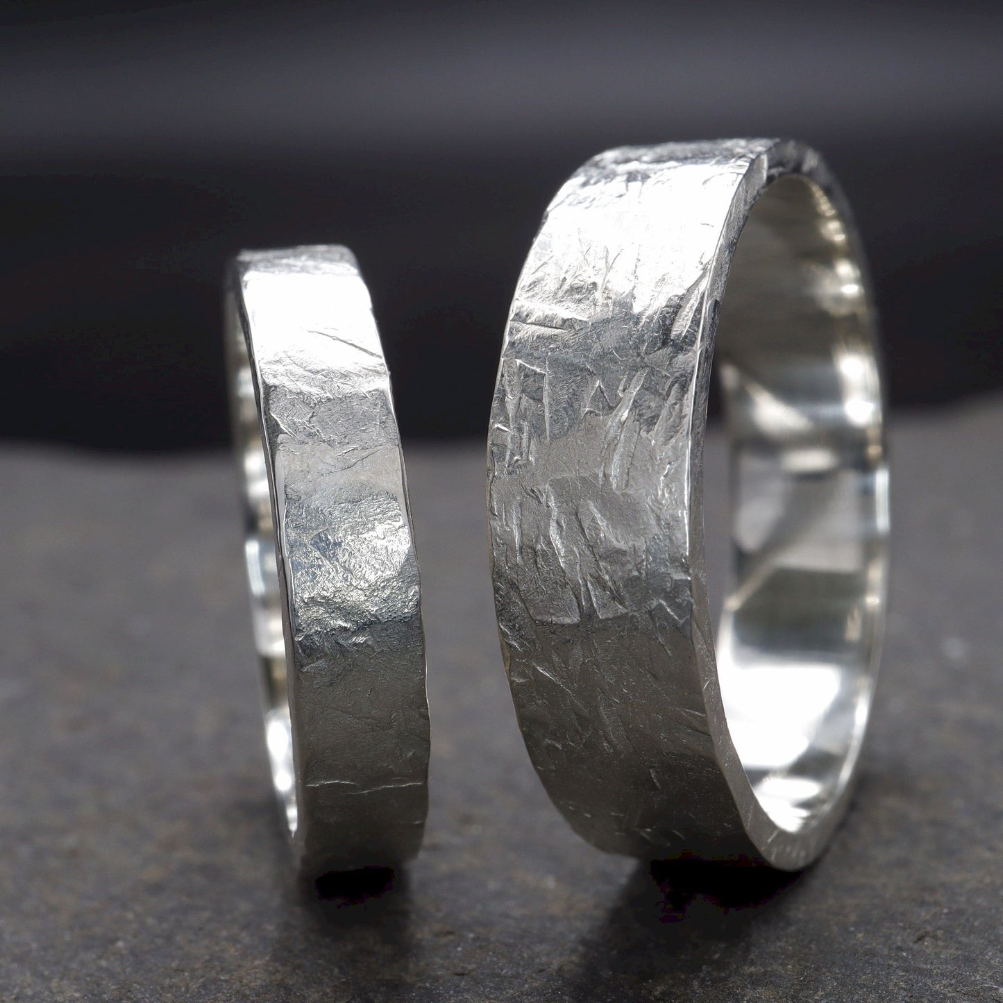 Matching wedding ring set - Windermere gold design, rustic flat hammered textured band - for men and women