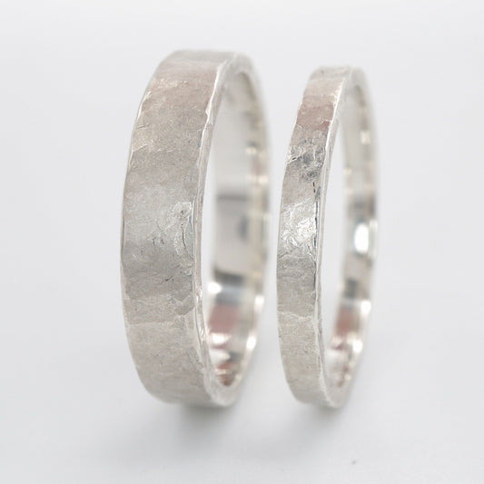 Windermere silver matching wedding ring set - rustic flat hammered textured band - original men`s and women`s design - 2mm and 4mm.