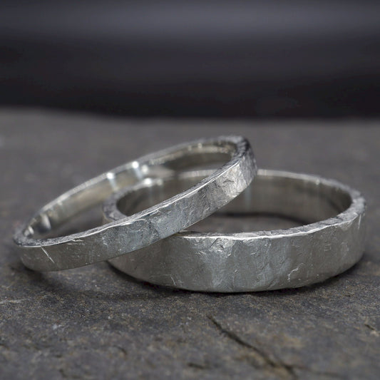 White gold matching wedding ring set - rustic flat hammered textured band - original men`s and women`s, Windermere design - 2mm and 4mm.
