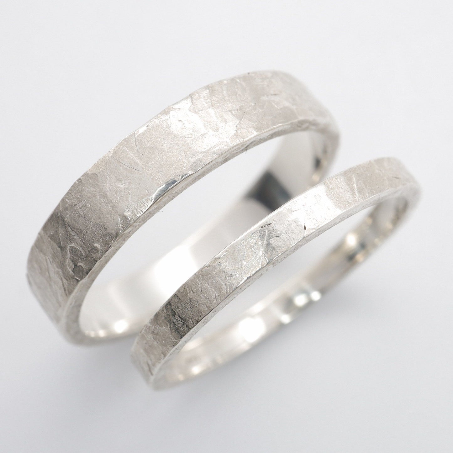 Windermere silver matching wedding ring set - rustic flat hammered textured band - original men`s and women`s design - 2mm and 4mm.