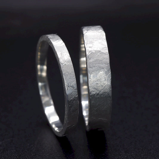 White gold matching wedding ring set - rustic flat hammered textured band - original men`s and women`s, Windermere design - 2mm and 4mm.