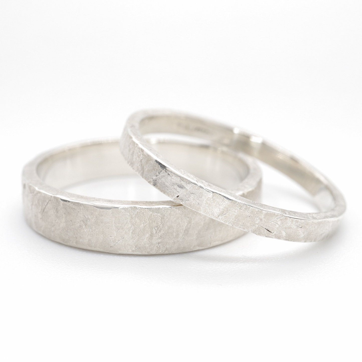 Windermere silver matching wedding ring set - rustic flat hammered textured band - original men`s and women`s design - 2mm and 4mm.