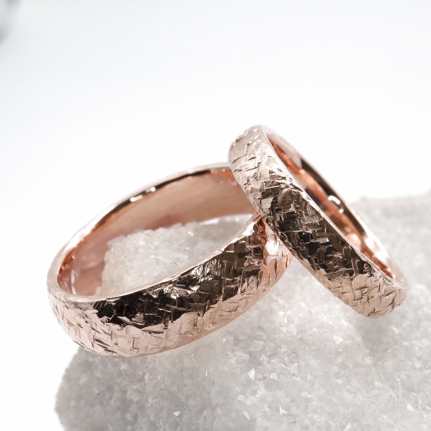 Fire Hammered matching rose gold set, 4mm and 6mm wedding designs.
