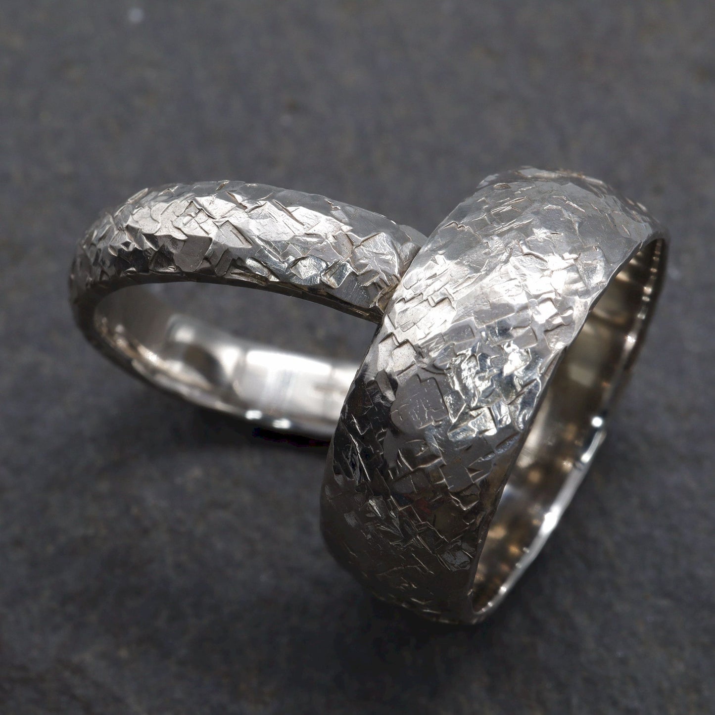 Fire Hammered matching silver ring set, 5mm and 8mm designs.