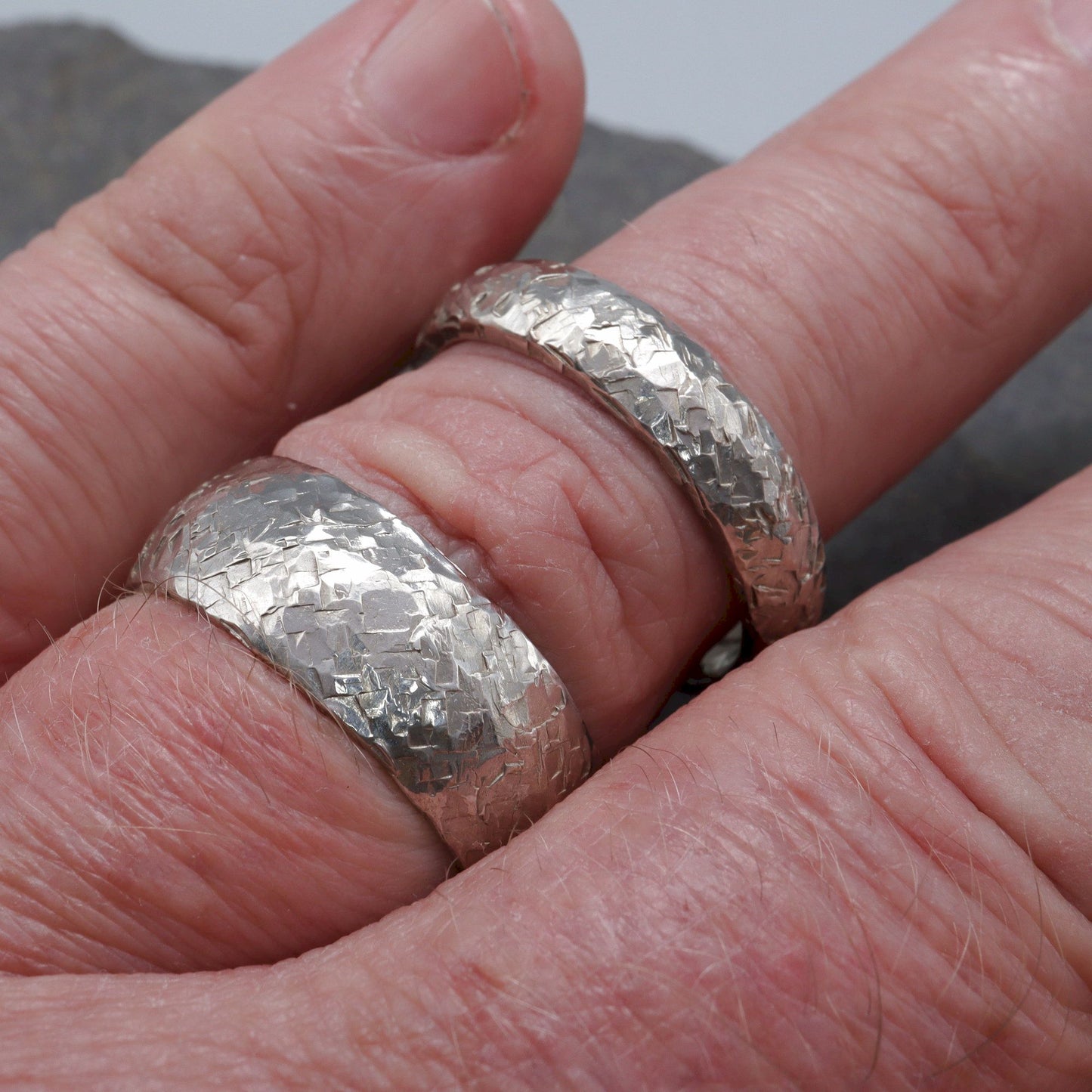 Fire Hammered matching silver ring set, 5mm and 8mm designs.