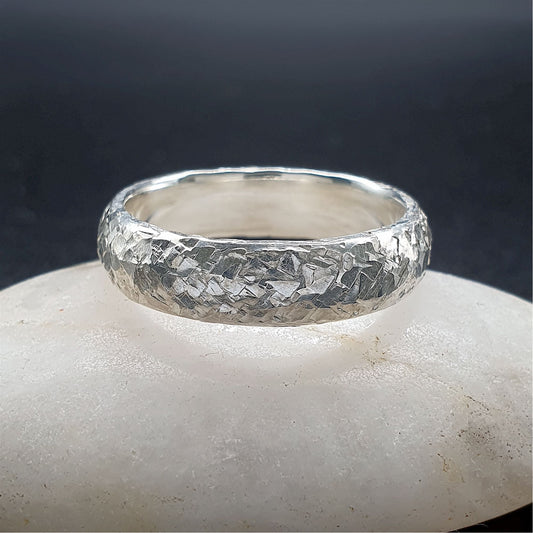 Wedding ring, broad white gold Fire hammered design - Cumbrian Designs