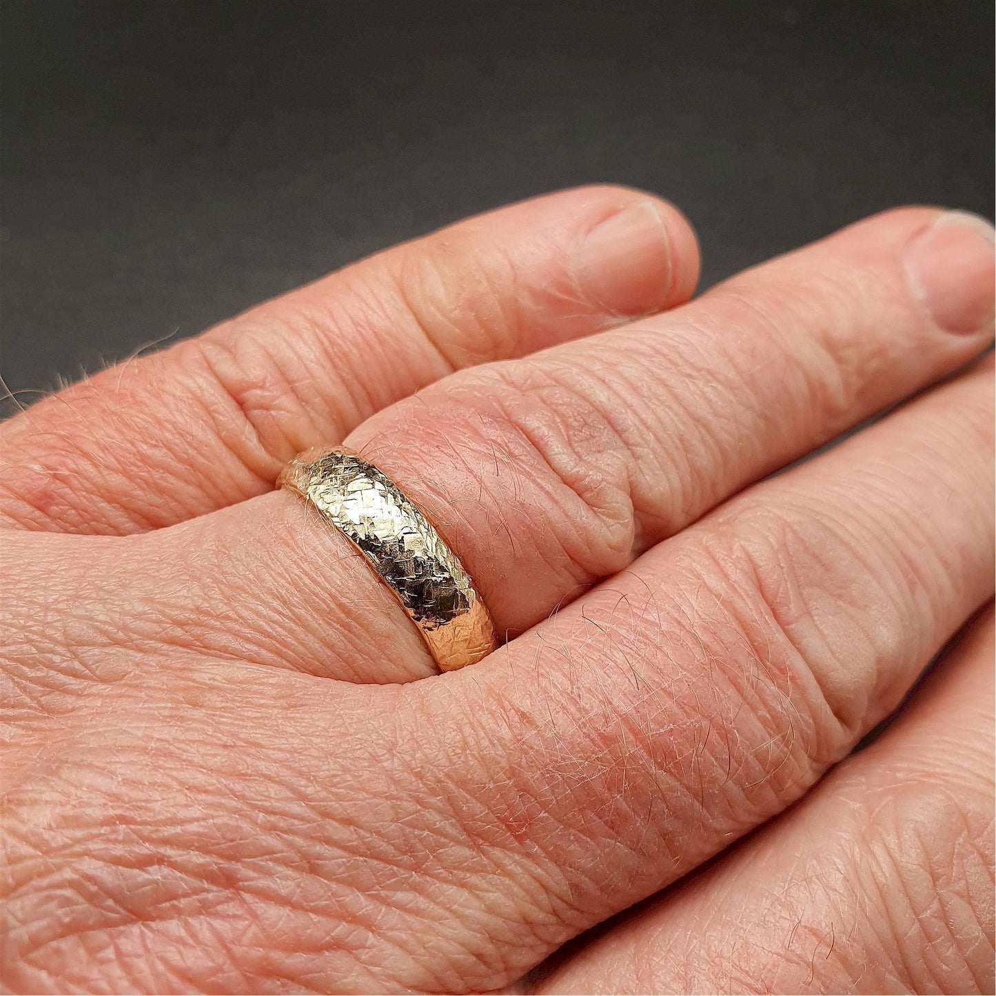 Wedding ring, broad yellow gold Fire hammered design Designer Wedding Rings Wedding Ring
