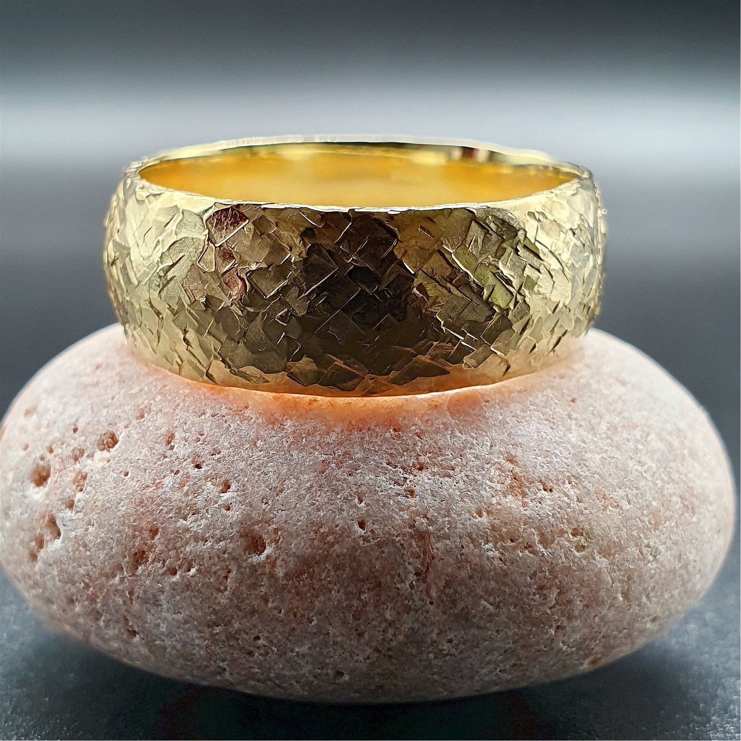 Wedding ring, broad yellow gold Fire hammered design Designer Wedding Rings Wedding Ring